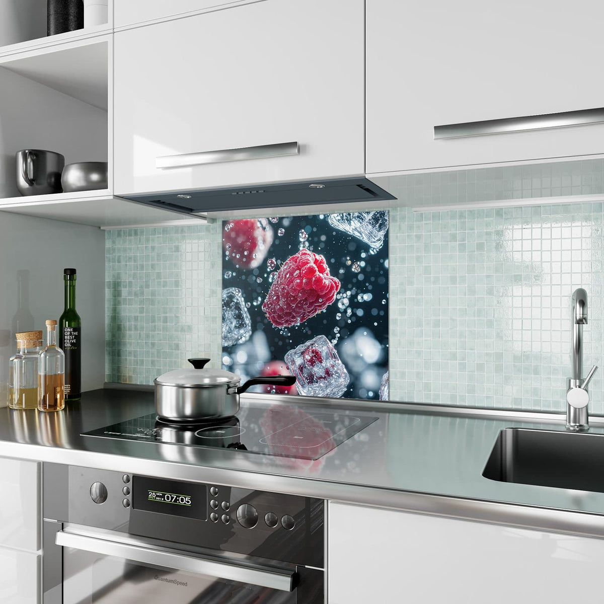 Küchenrückwand aus Glas Himbeeren und Eiswürfel im quadratischen Format als Spritzschutz hinter dem Kochfeld, über dem Fliesenspiegel montiert