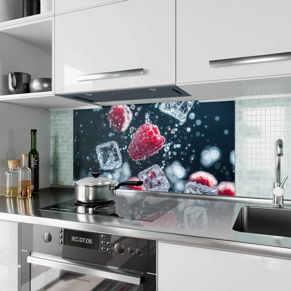 Küchenrückwand aus Glas Himbeeren und Eiswürfel im Hochformat als Spritzschutz hinter dem Kochfeld, über dem Fliesenspiegel montiert