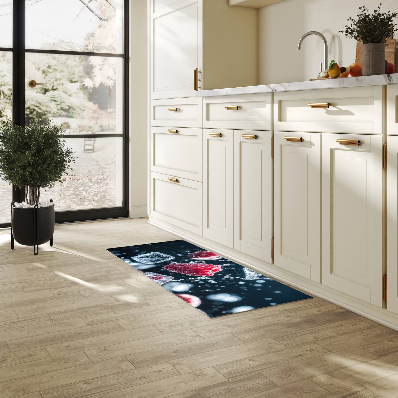 Langlebiger rutschfester Küchenläufer mit Motiv Himbeeren im Regen in heller Küche