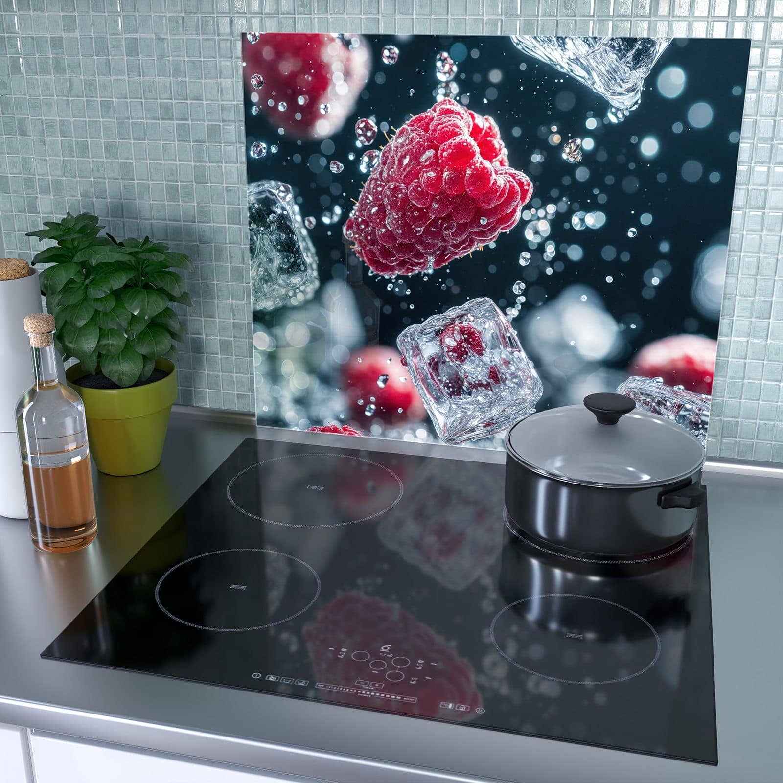 1-teilige Herdabdeckplatte aus Glas mit Himbeeren im Regen-Motiv als Spritzschutz hinter dem Kochfeld