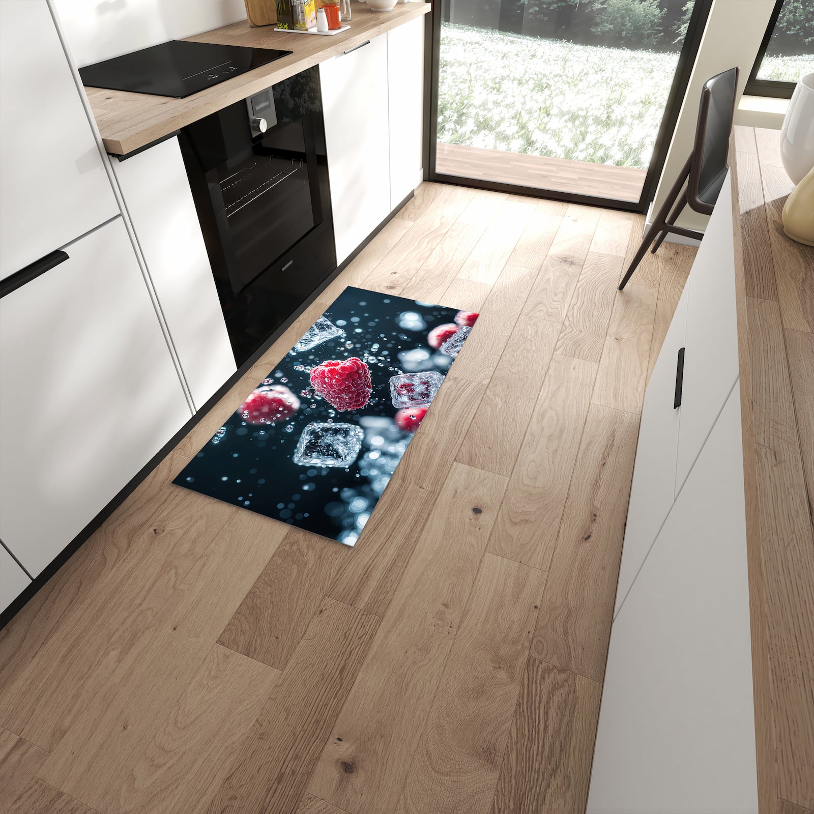 Rutschfester Küchenteppich mit Motiv Himbeeren im Regen in moderner Küche #grösse_60 x 120 cm