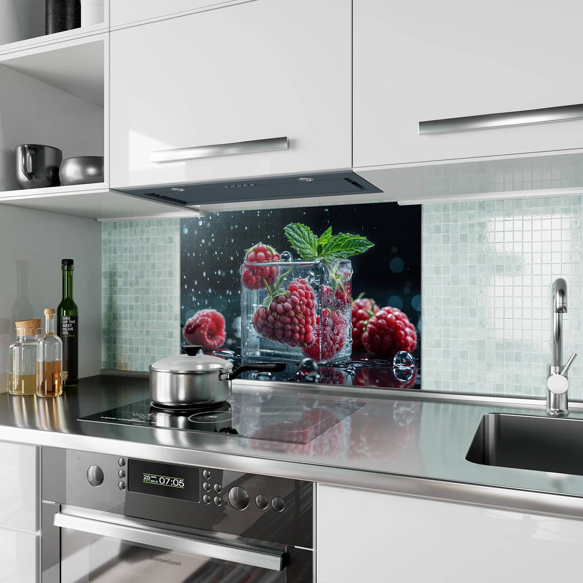 Küchenrückwand aus Glas Himbeeren und Eiswürfel im Hochformat als Spritzschutz hinter dem Kochfeld, über dem Fliesenspiegel montiert