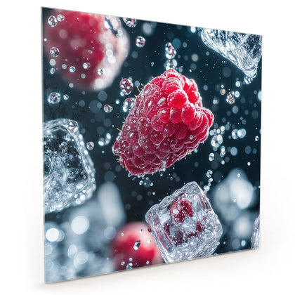 Küchenrückwand mit dem Motiv Himbeeren und Eiswürfel