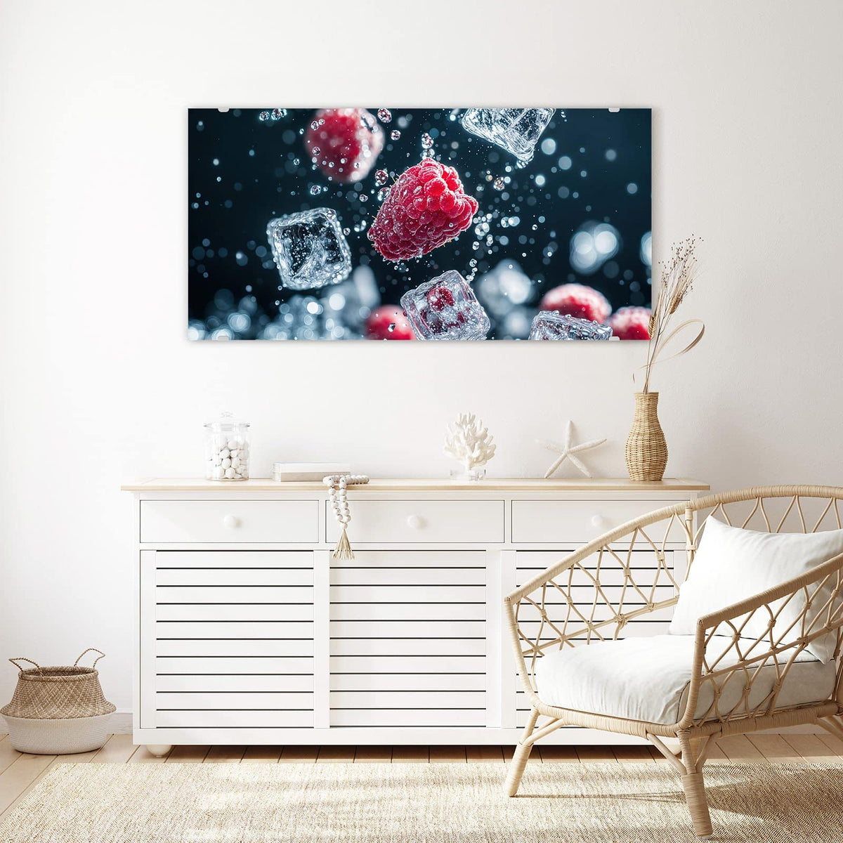 Echtglas, 4 mm – kein Acryl, keine Folie – Wandbild - Himbeeren und Eiswürfel - Querformat