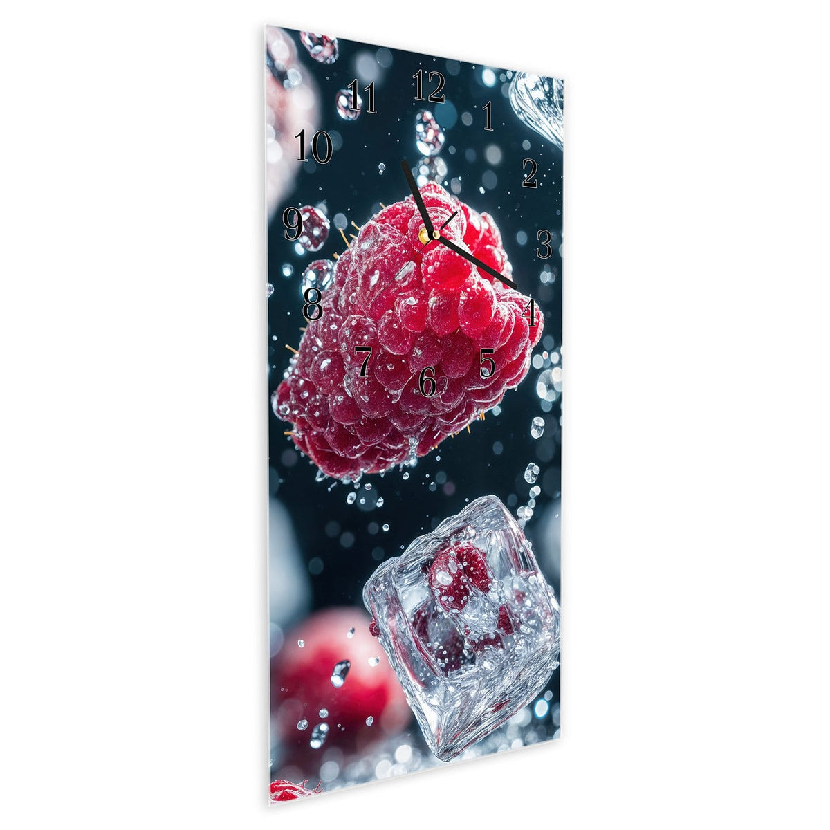 Wanduhr aus Glas im Hochformat Himbeeren und Eiswürfel schräg von der Seite, 4 mm starkes Glas