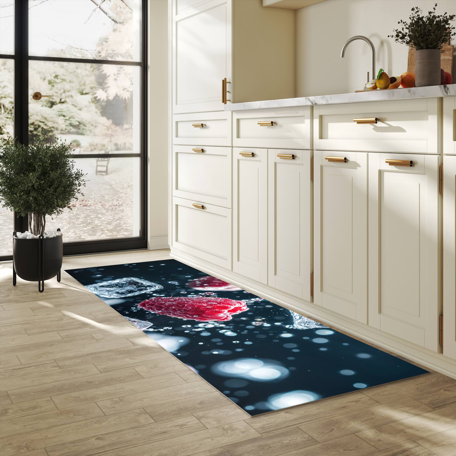 Hygienischer moderner Küchenläufer mit Motiv Himbeeren im Regen in heller Küche