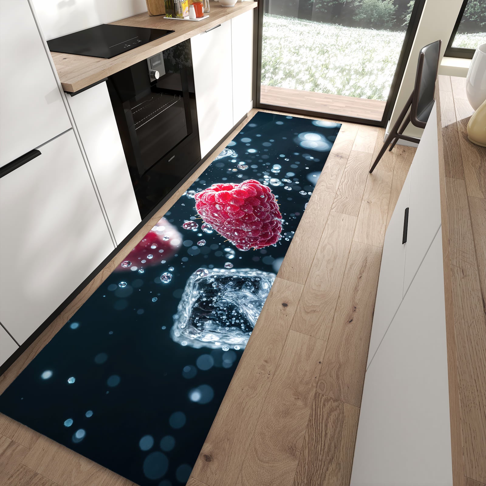 Ordnungsschaffender Küchenläufer mit Motiv Himbeeren im Regen in moderner Küche