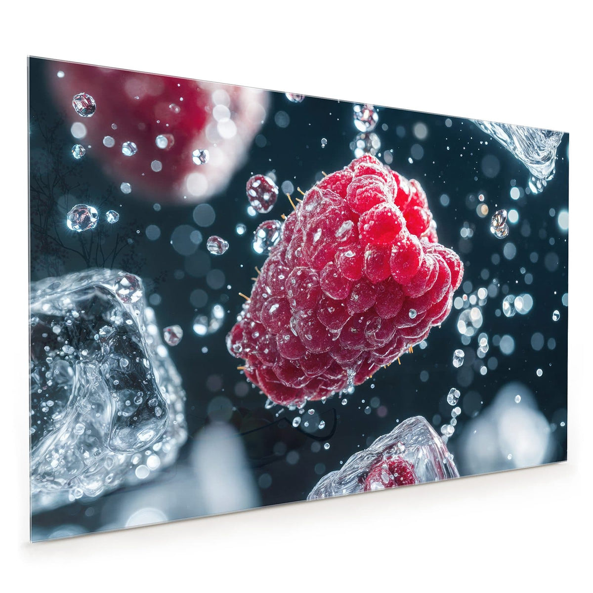 Küchenrückwand aus Glas im Hochformat: Himbeeren zwischen Eiswürfeln und Luftblasen vor dunkelblauem Grund, eine Beere sitzt im Eiswürfel