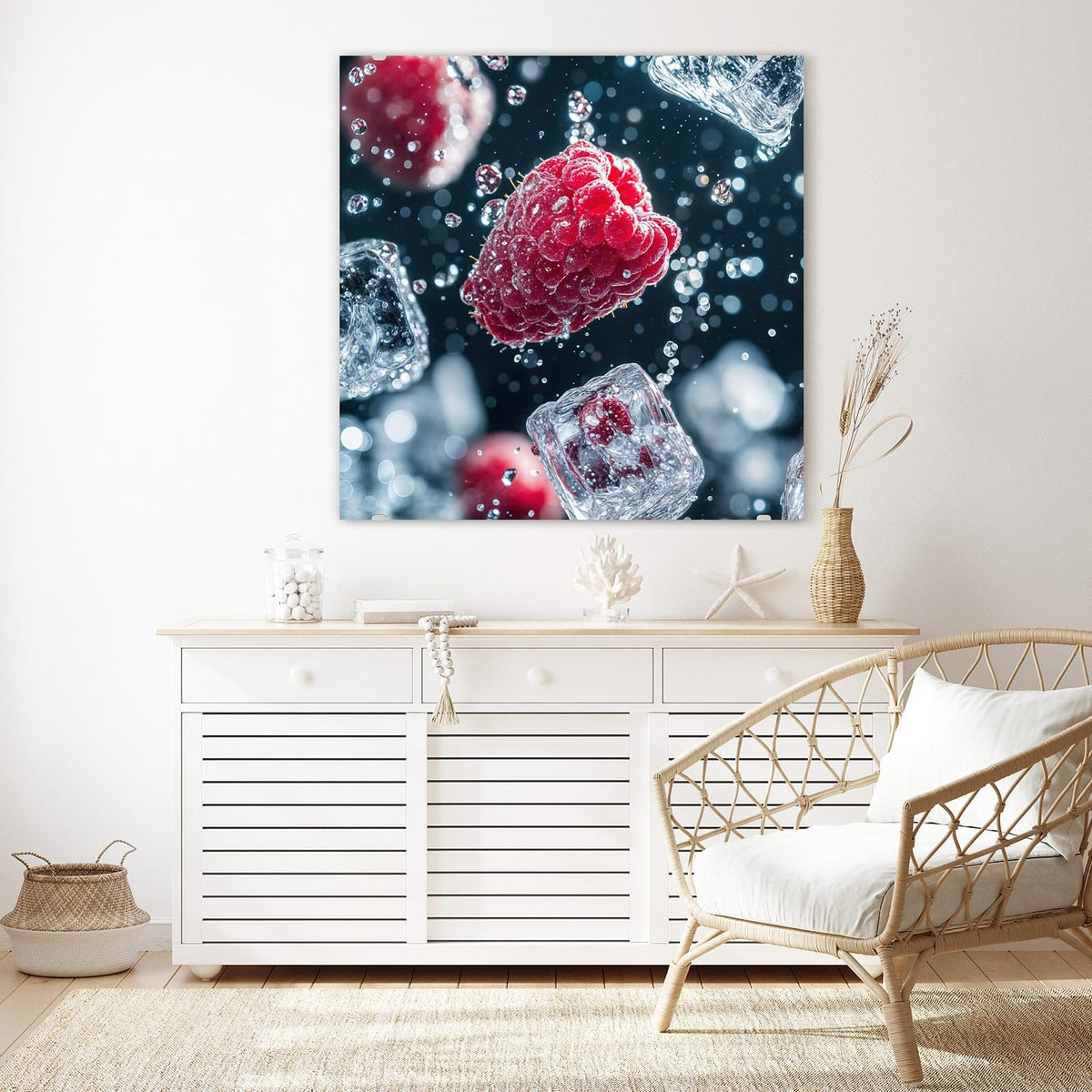 Echtglas, 4 mm – kein Acryl, keine Folie – Wandbild - Himbeeren und Eiswürfel - Quadratisch
