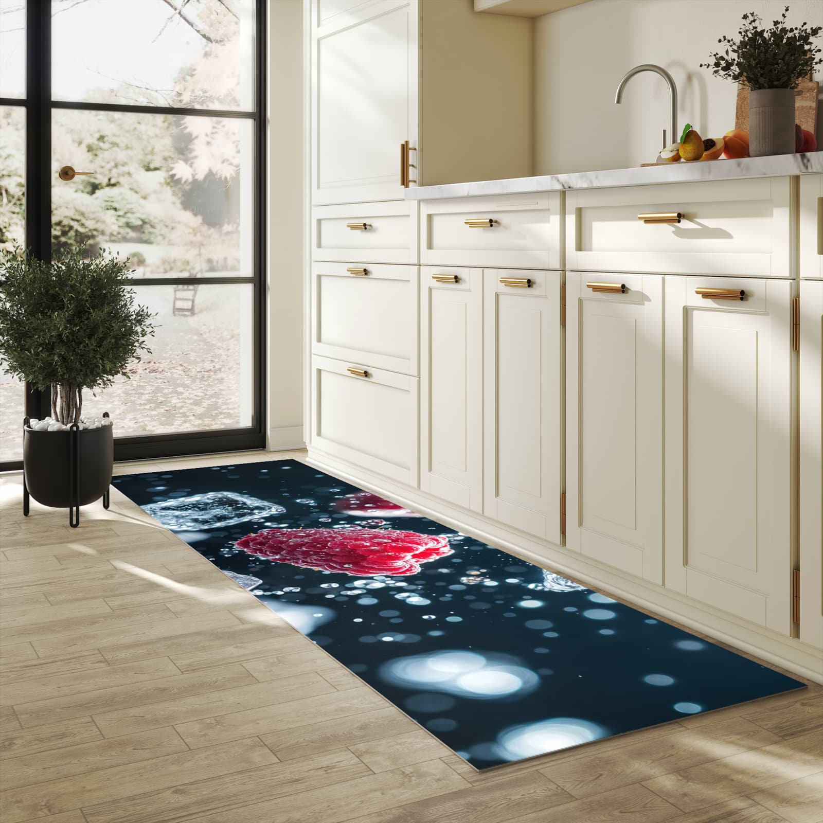 Strapazierfähiger abwaschbarer Küchenläufer mit Motiv Himbeeren im Regen in heller Küche