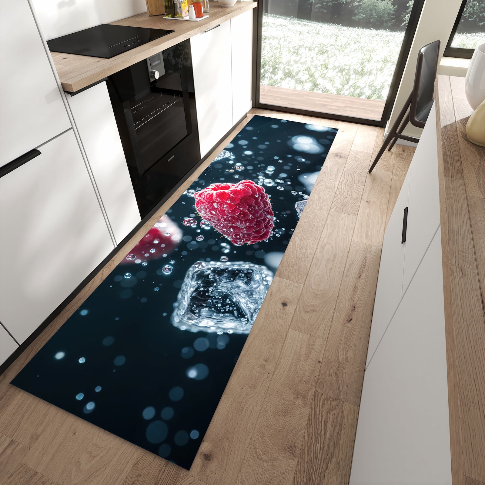 Bodenschonender rutschfester Küchenläufer mit Motiv Himbeeren im Regen in moderner Küche