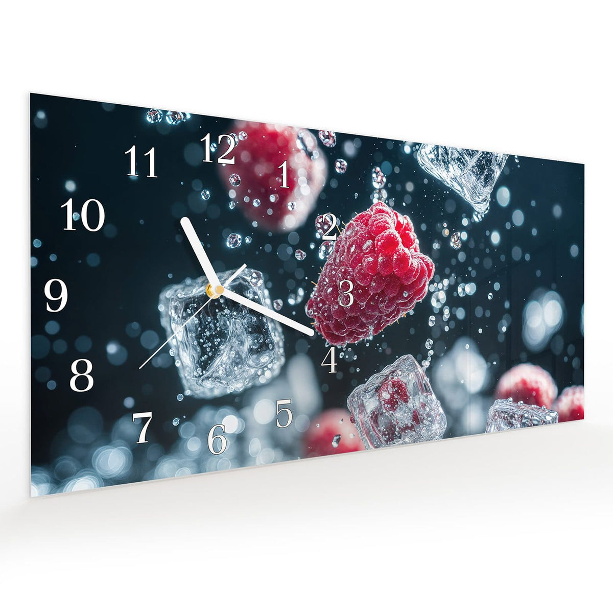Vormontiert – mit Schwebeeffekt – Wanduhr Himbeeren im Regen aus Glas – Querformat 60 × 30 cm