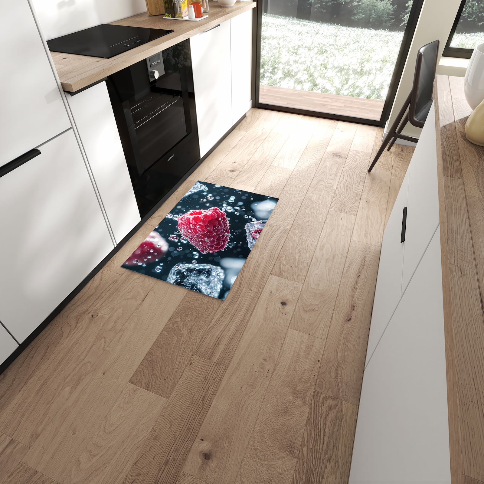 Langlebiger rutschfester Küchenläufer mit Motiv Himbeeren im Regen in moderner Küche