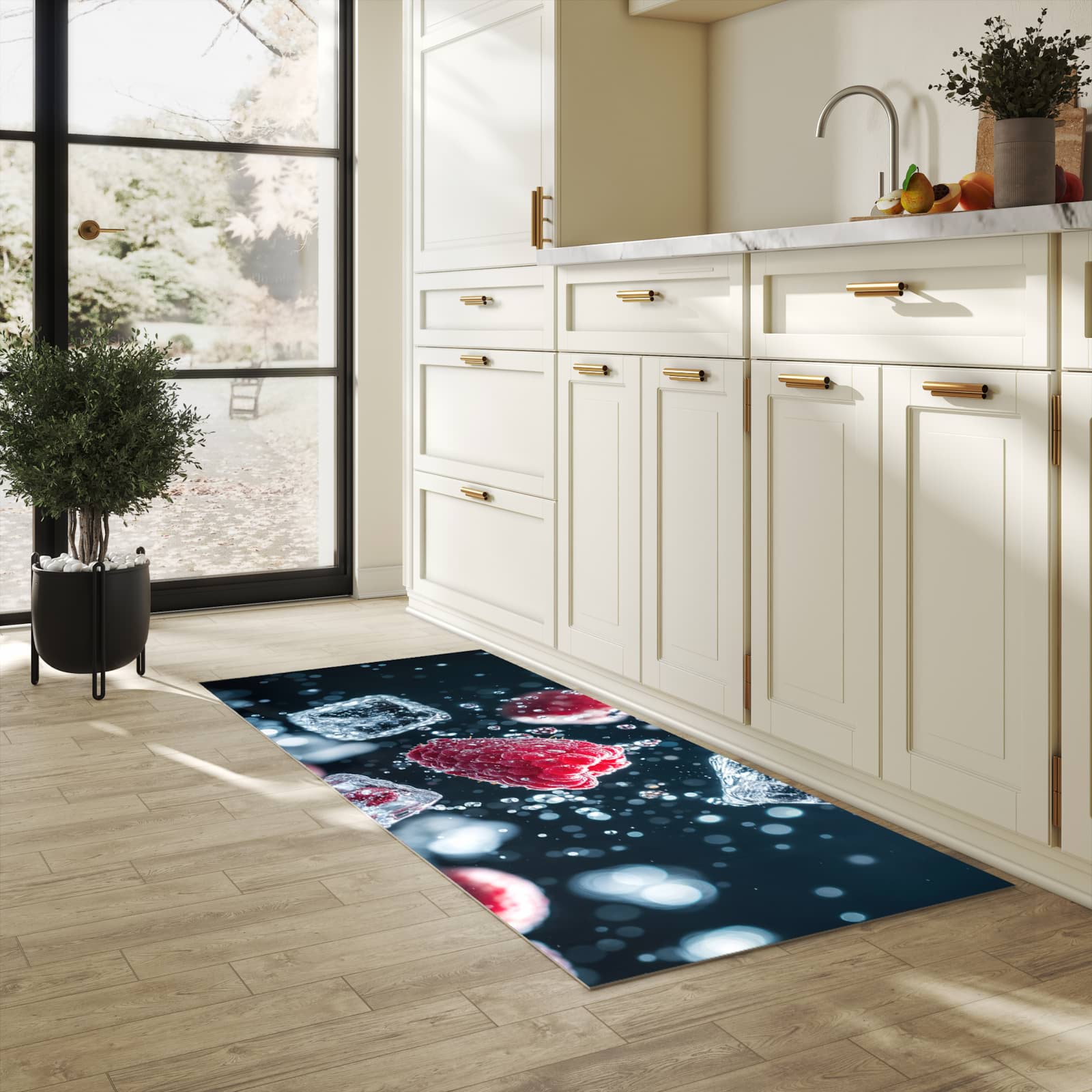 Waschbarer Küchenläufer mit Motiv Himbeeren im Regen in heller Küche für angenehme Haptik