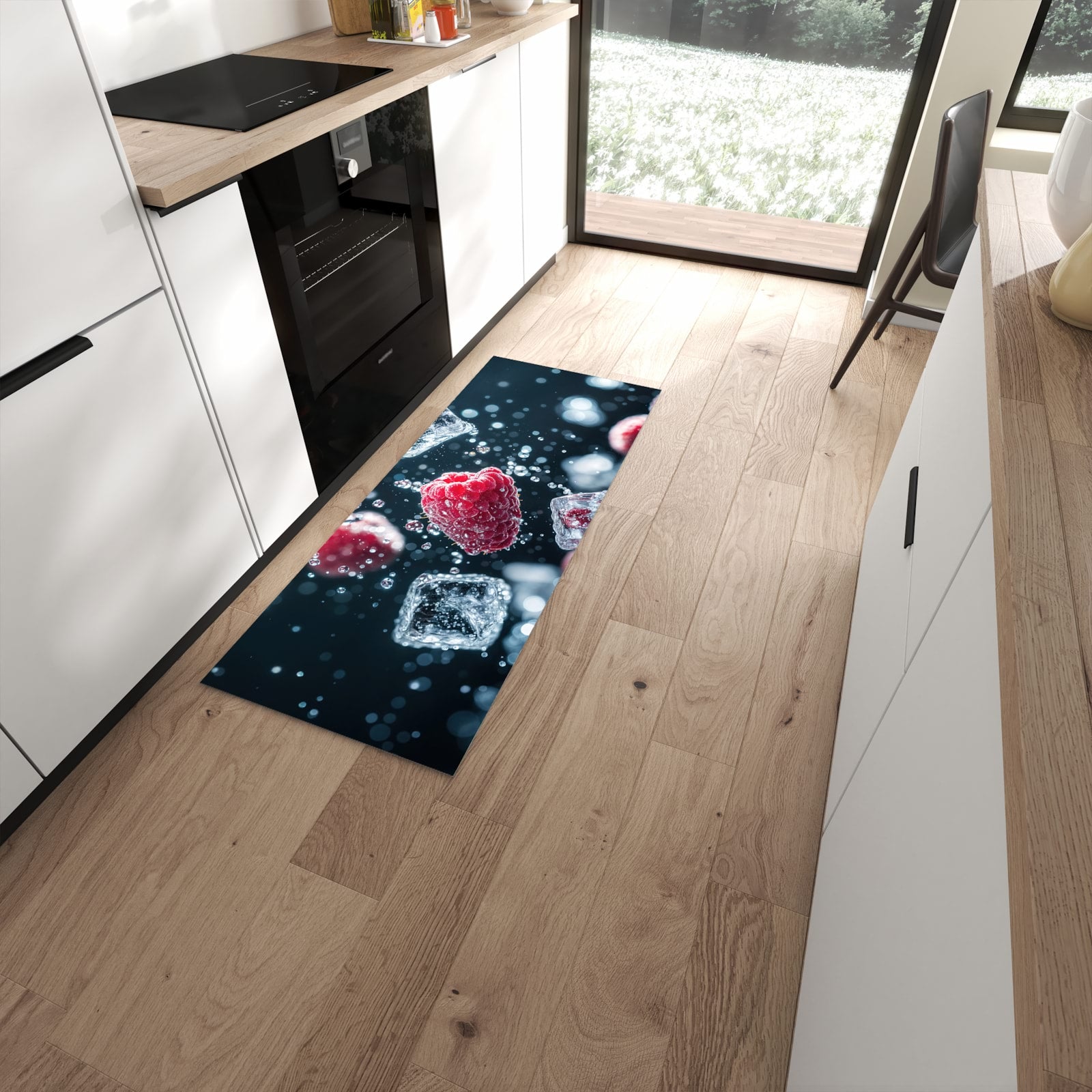 Waschbarer Küchenteppich mit Motiv Himbeeren im Regen in moderner Küche #grösse_60 x 150 cm