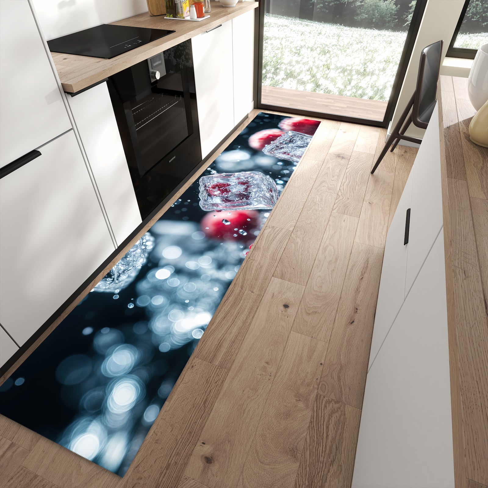Waschbarer Küchenläufer mit Motiv Himbeeren im Regen in moderner Küche