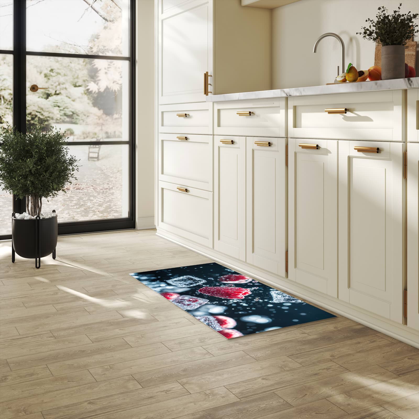 Geruchsneutraler rutschfester Küchenläufer mit Motiv Himbeeren im Regen in heller Küche