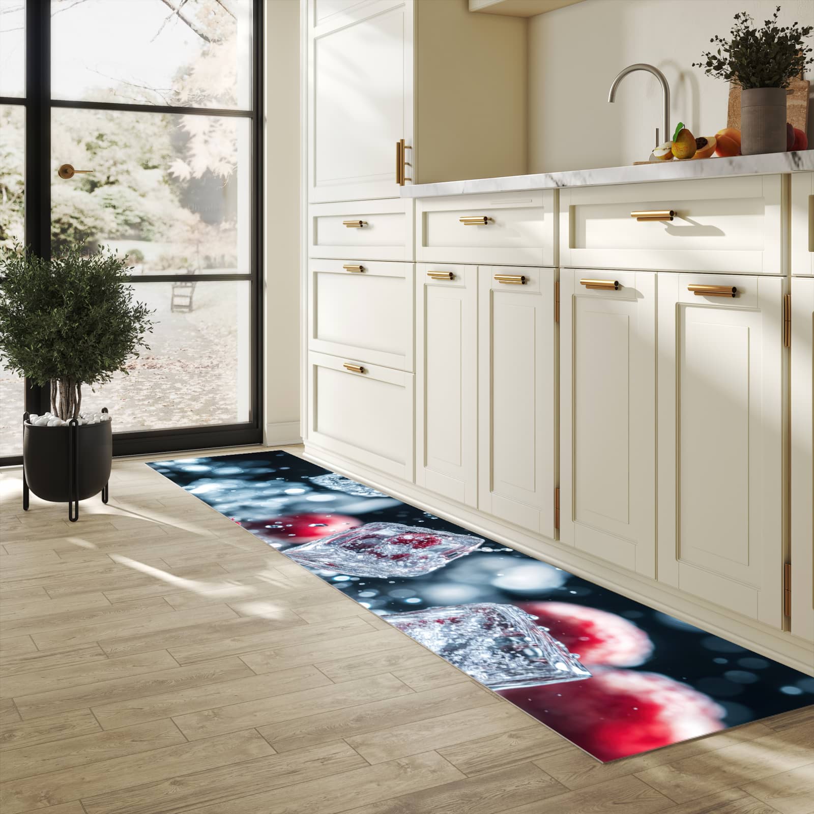 Rutschfester Küchenläufer mit Motiv Himbeeren im Regen in heller Küche