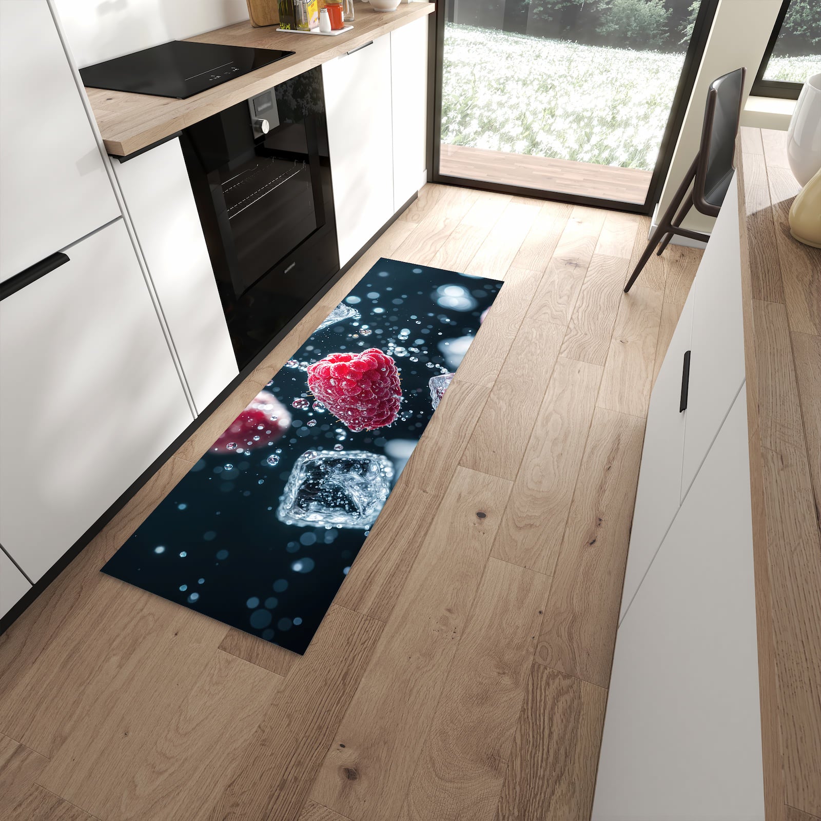 Küchenteppich mit Motiv Himbeeren im Regen für angenehme Haptik in moderner Küche