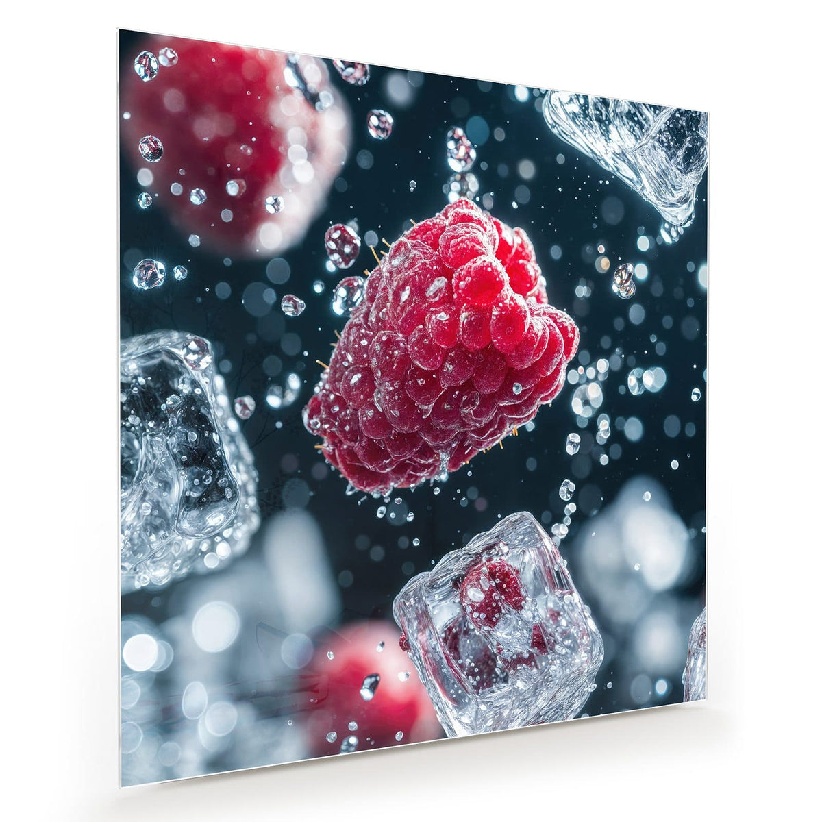Himbeeren zwischen Eiswürfeln und Luftblasen vor dunkelblauem Grund, eine Beere sitzt im Eiswürfel