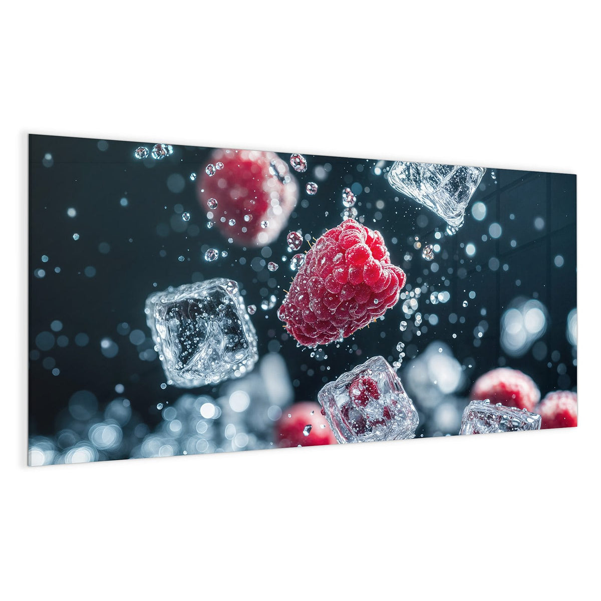 Himbeeren zwischen Eiswürfeln und Luftblasen vor dunkelblauem Grund, eine Beere sitzt im Eiswürfel
