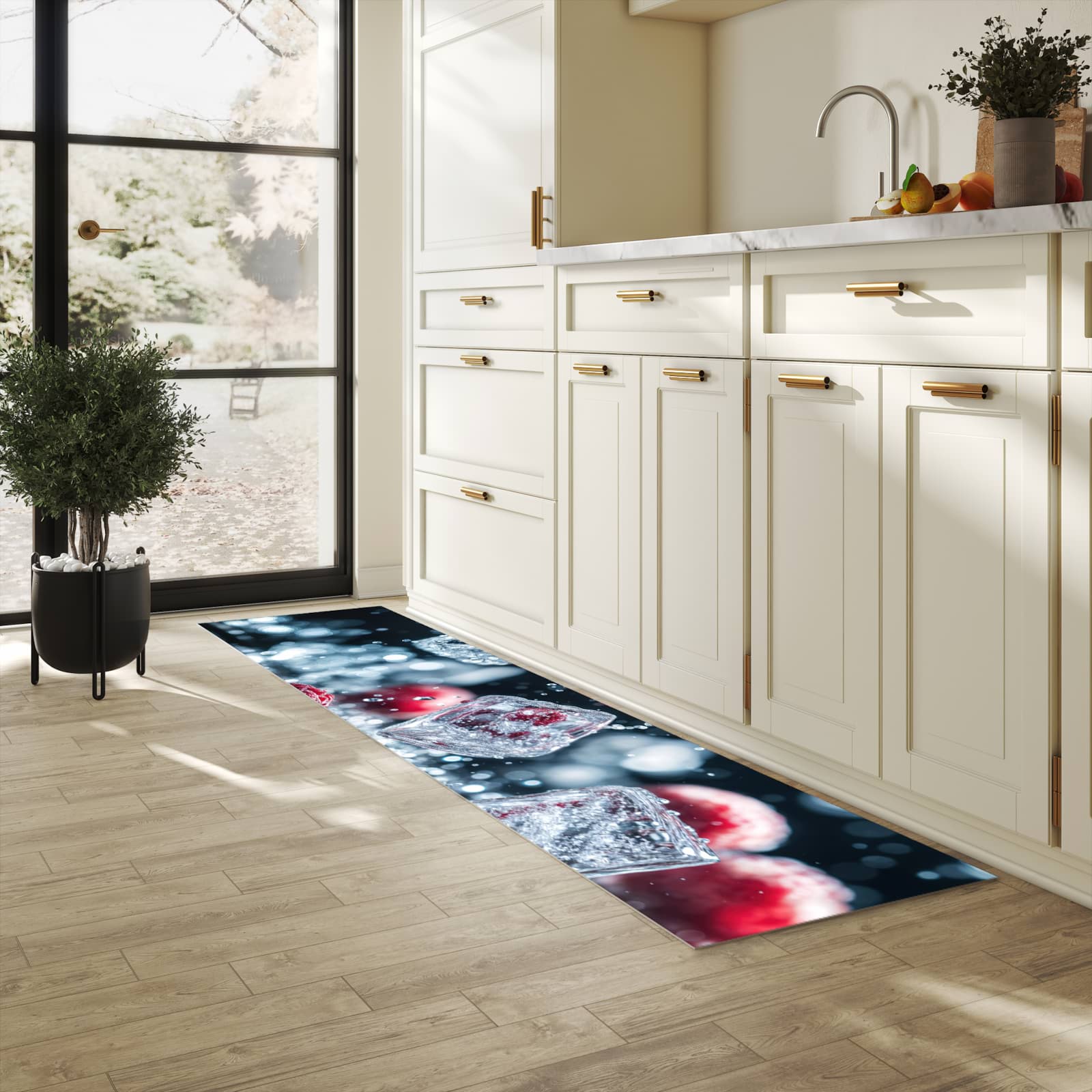 Komfortabler rutschfester Küchenläufer mit Motiv Himbeeren im Regen in heller Küche