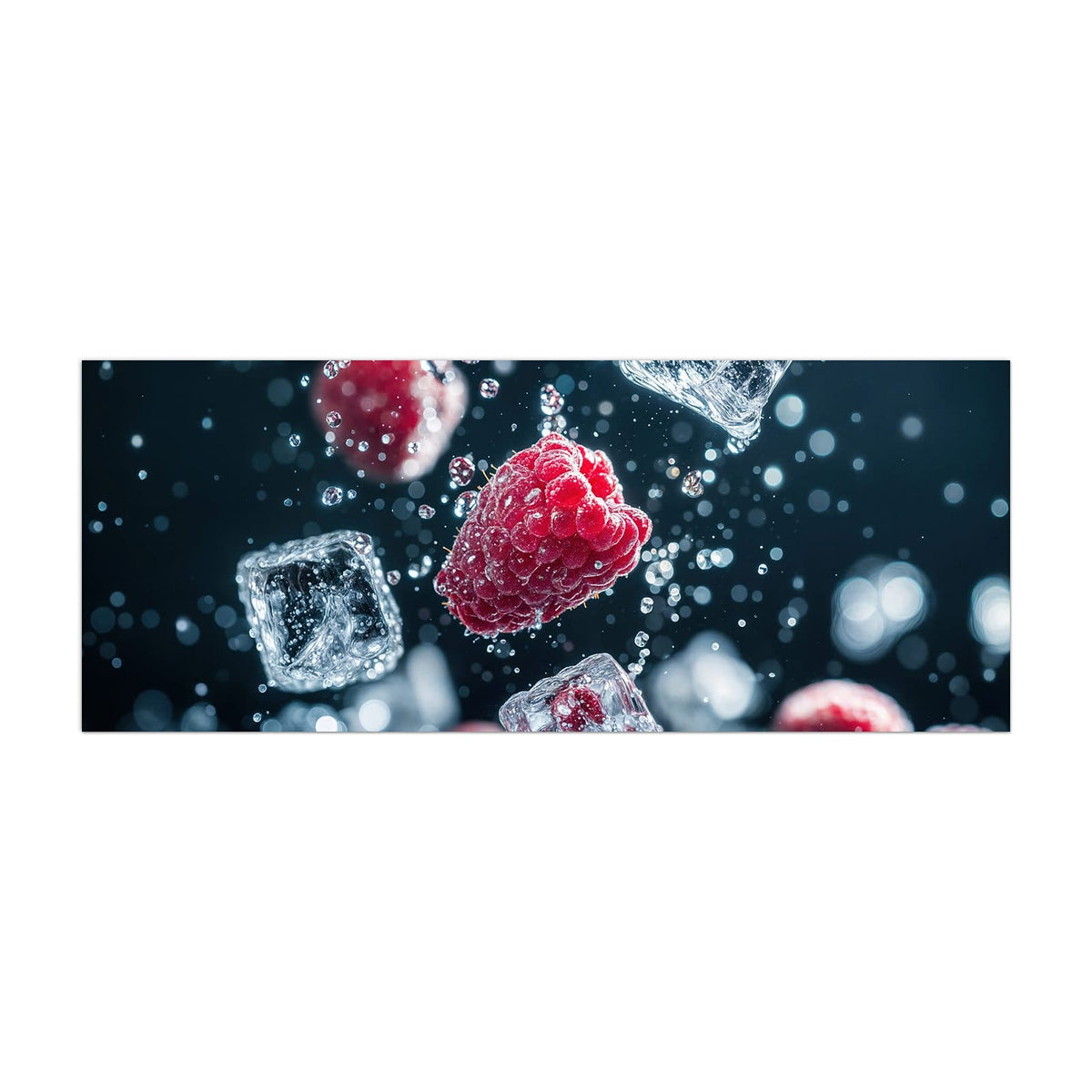 Küchenrückwand aus Glas Himbeeren und Eiswürfel im Hochformat, Motiv bildfüllend von vorn