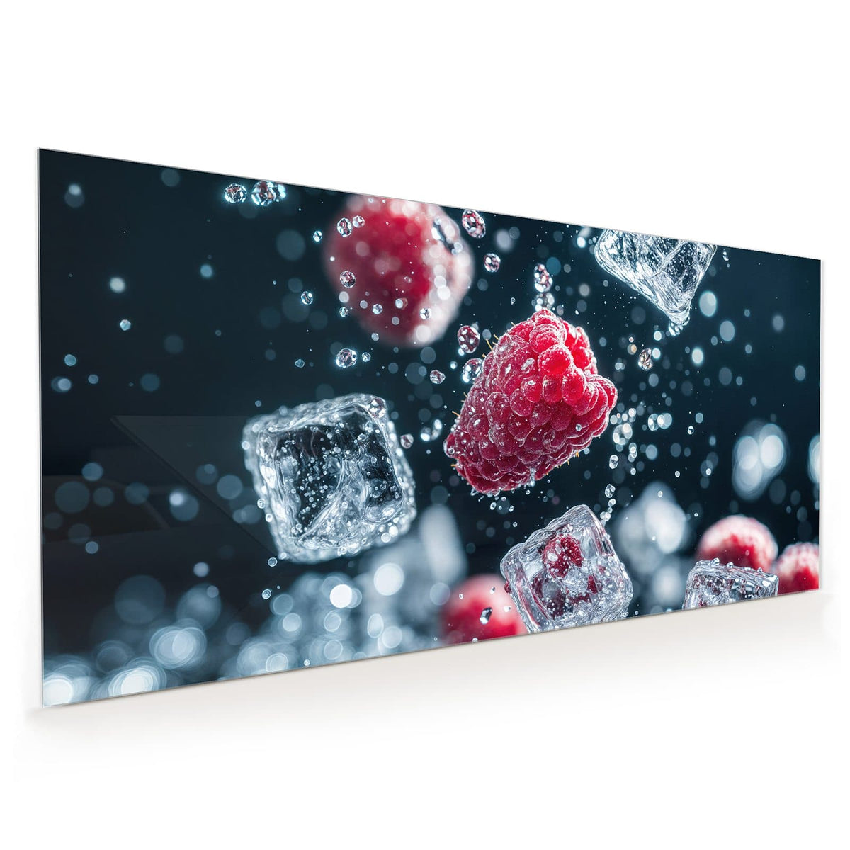 Himbeeren zwischen Eiswürfeln und Luftblasen vor dunkelblauem Grund, eine Beere sitzt im Eiswürfel