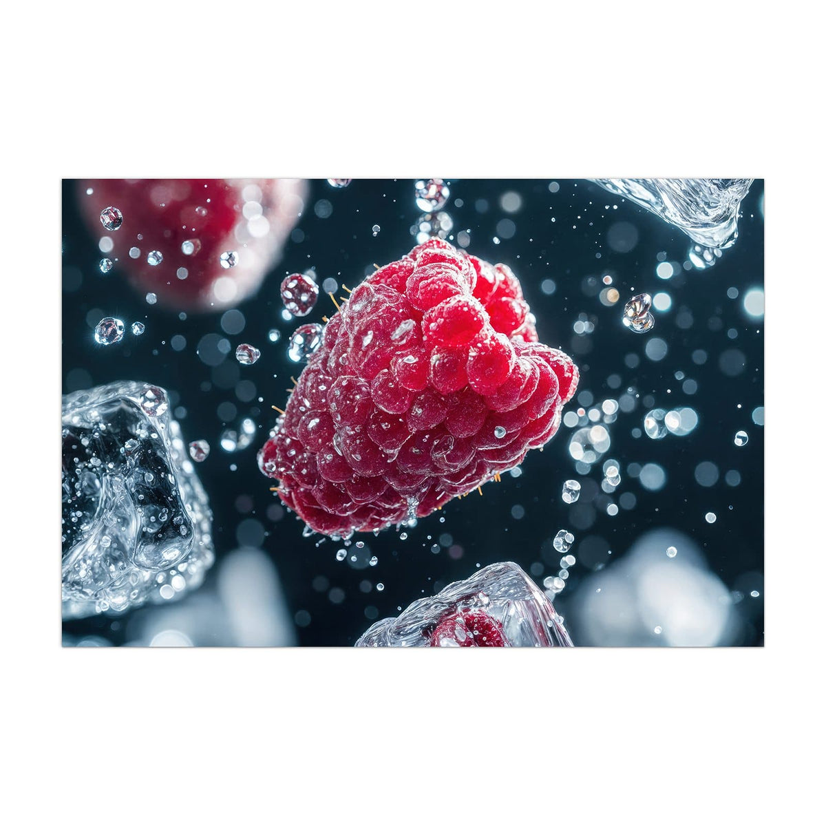 Küchenrückwand aus Glas Himbeeren und Eiswürfel im Hochformat, Motiv bildfüllend von vorn