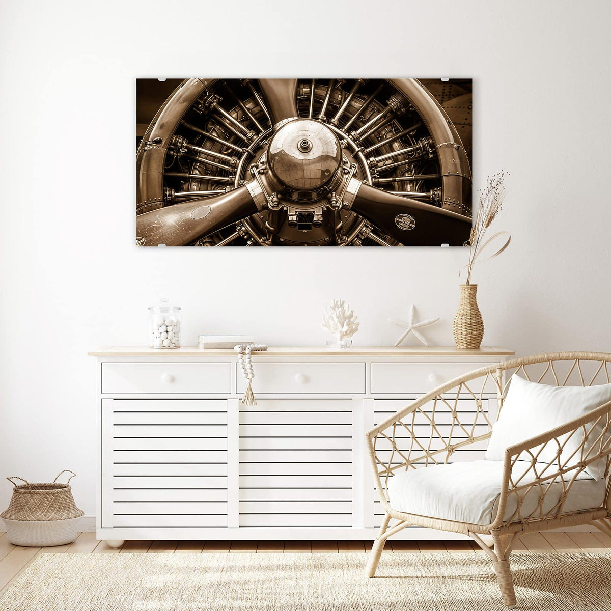 Echtglas, 4 mm – kein Acryl, keine Folie – Wandbild - Sternmotor in Sepia - Querformat