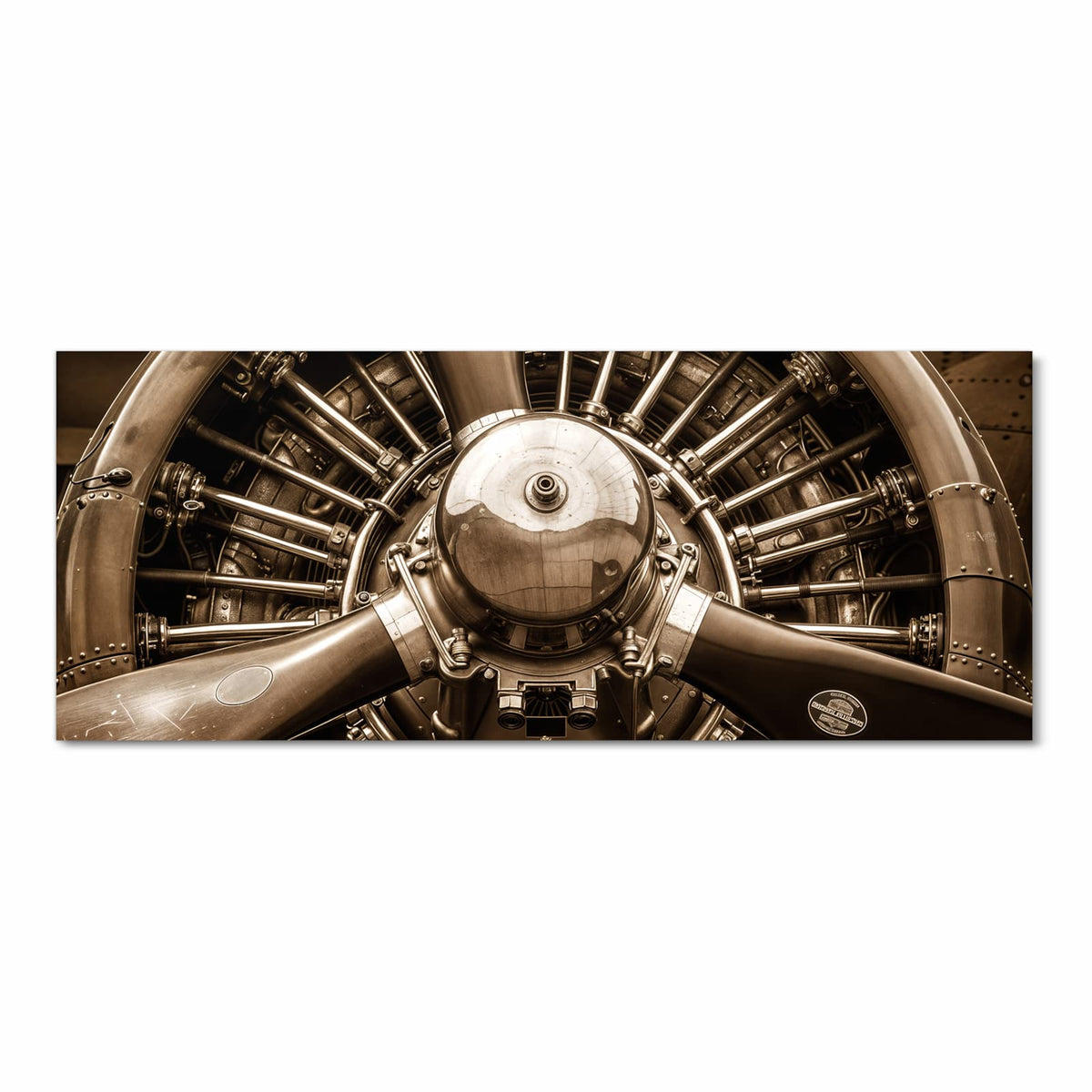 Sepiafarbene Frontalaufnahme eines Sternmotors mit Propellerblättern, Zylindern und Stoßstangen