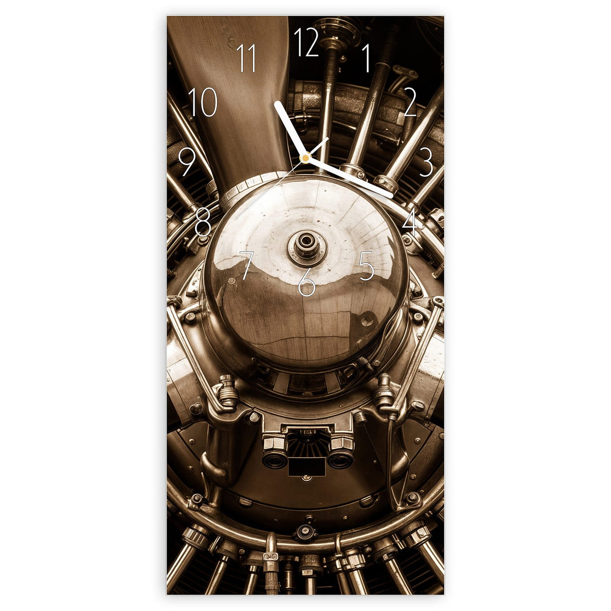 Wanduhr aus Glas, Ziffernblatt Elegant: Sepiafarbene Frontalaufnahme eines Sternmotors mit Propellerblättern, Zylindern und Stoßstangen #ziffernblatt_Elegant