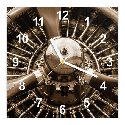 Wanduhr Quadratisch mit dem Motiv Sternmotor in Sepia