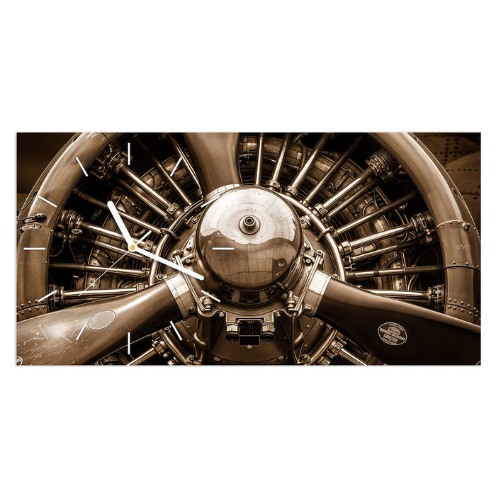 Wanduhr Sanfte Flugzeugmotor aus Glas – Querformat 60 × 30 cm mit Ziffernblatt Linie