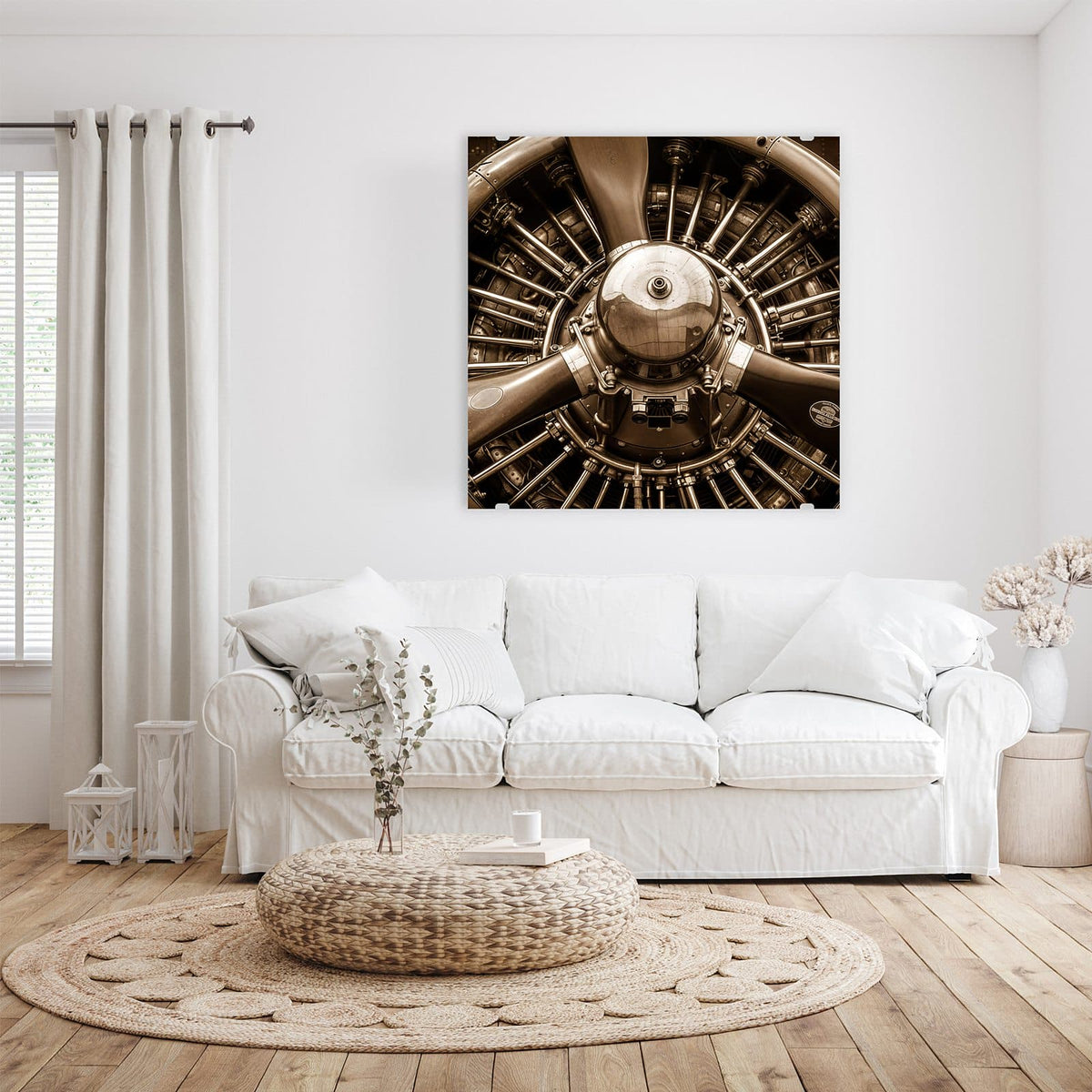 Glasbild Sternmotor in Sepia an der Wand – Sepiafarbene Frontalaufnahme eines Sternmotors mit Propellerblättern, Zylindern und Stoßstangen