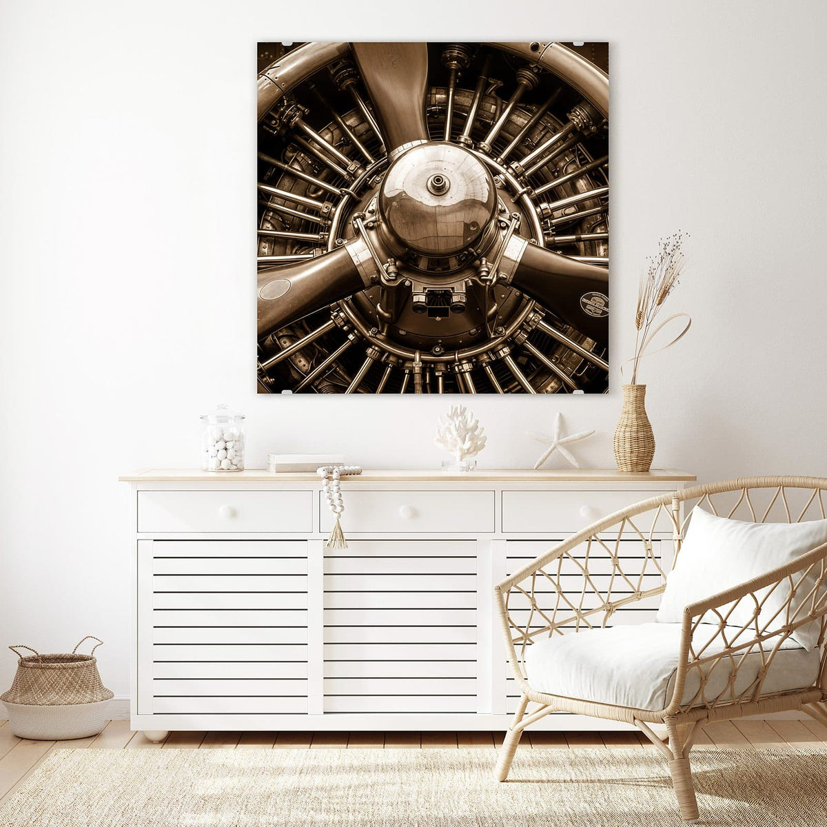 Echtglas, 4 mm – kein Acryl, keine Folie – Wandbild - Sternmotor in Sepia - Quadratisch