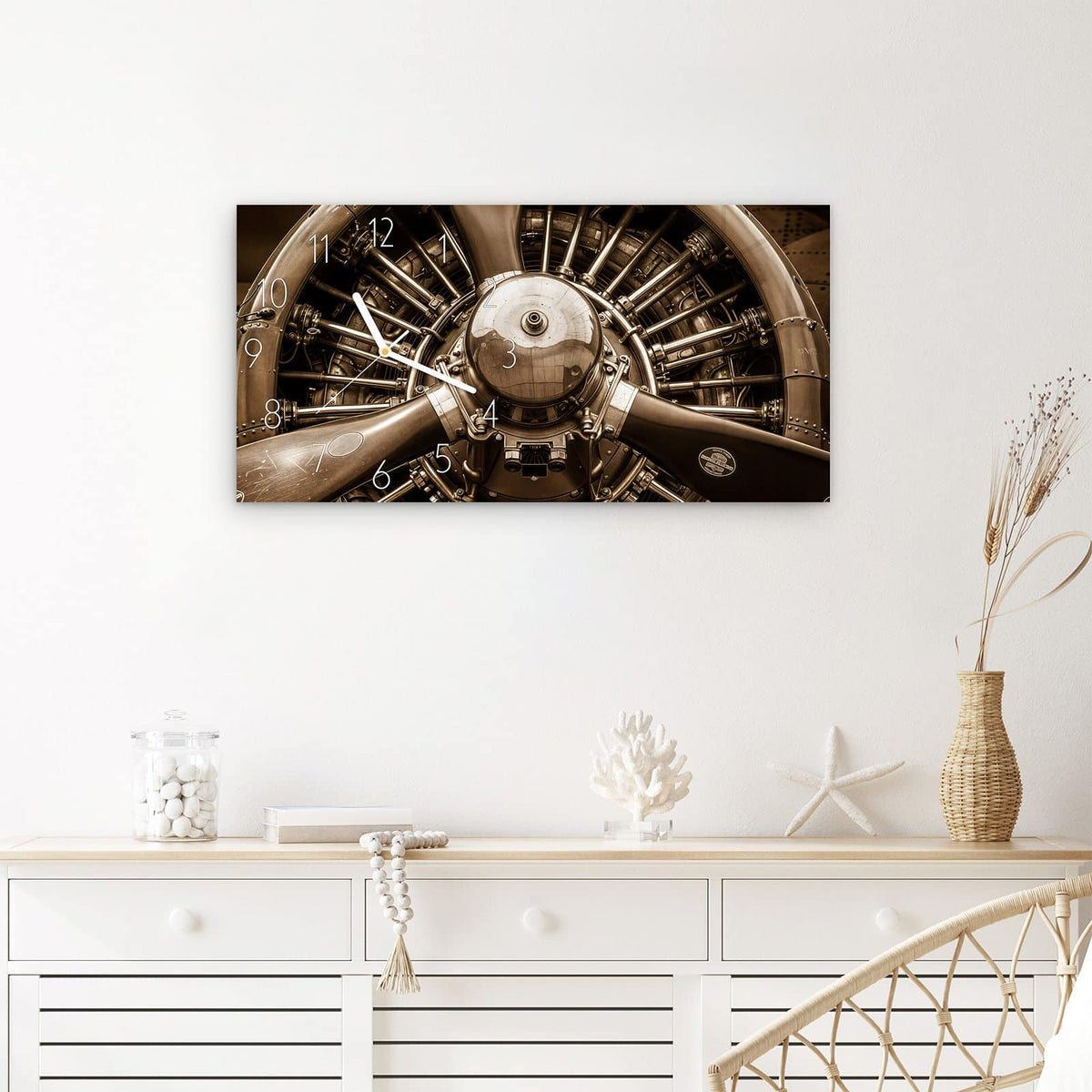 Wanduhr Sanfte Flugzeugmotor aus Glas – Querformat 60 × 30 cm – Propellermotor in nostalgischem Sepia