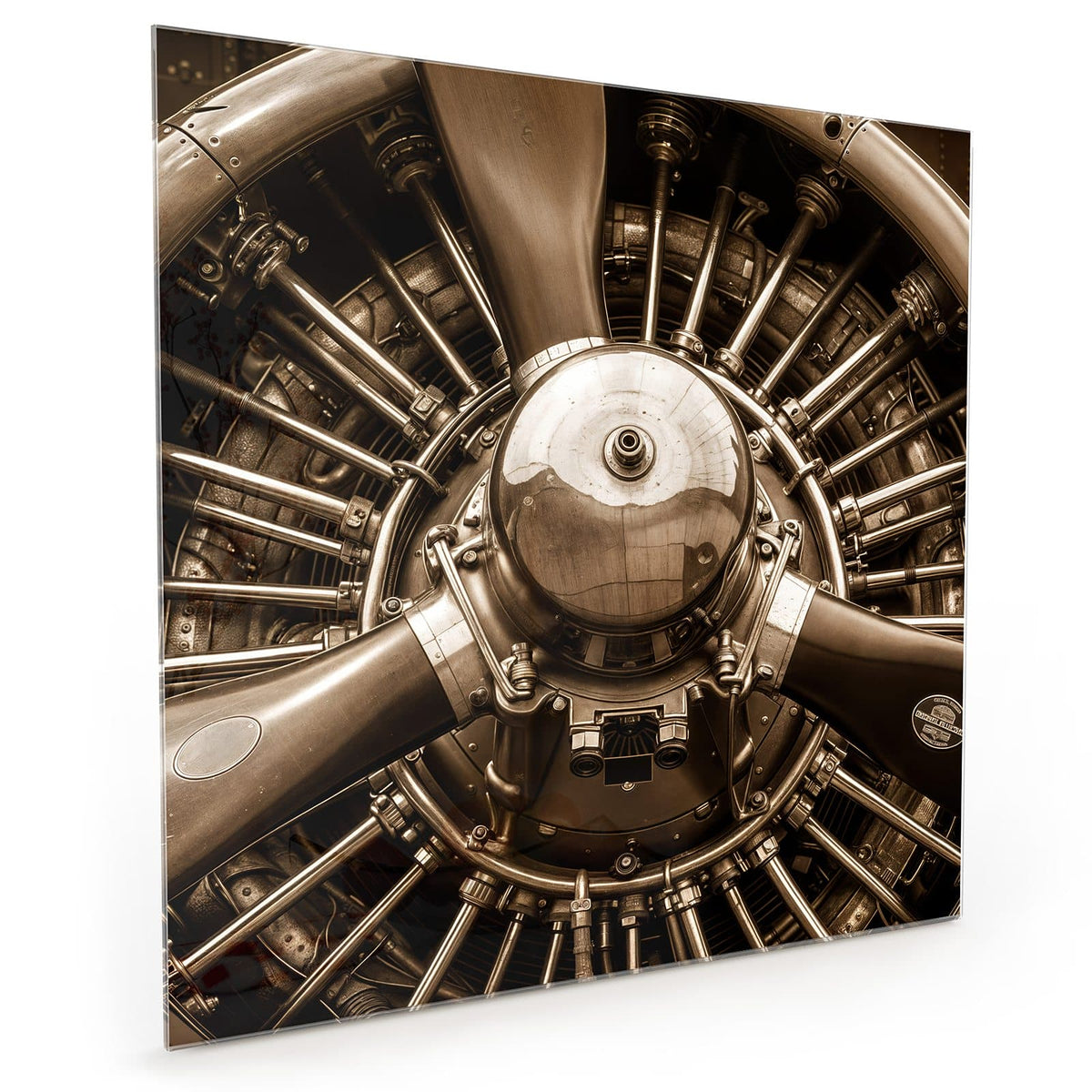 Küchenrückwand aus Glas im quadratischen Format: Sepiafarbene Frontalaufnahme eines Sternmotors mit Propellerblättern, Zylindern und Stoßstangen