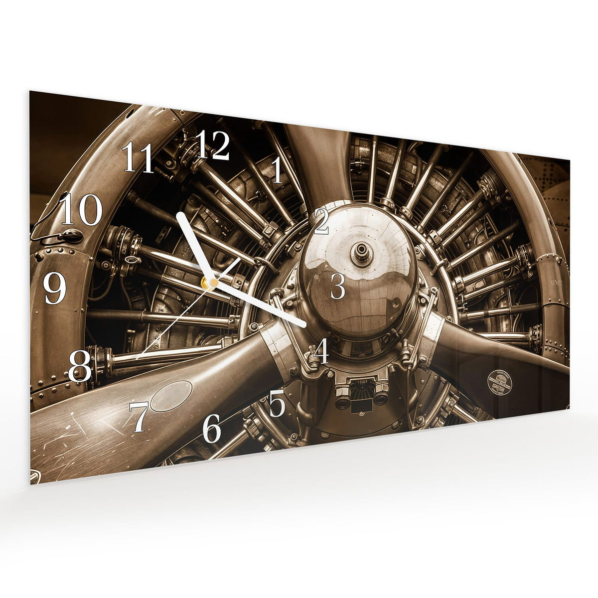 Vormontiert – mit Schwebeeffekt – Wanduhr Sanfte Flugzeugmotor aus Glas – Querformat 60 × 30 cm