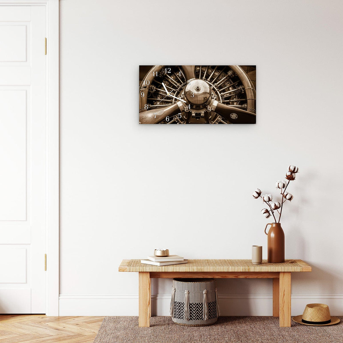 Moderne Wanduhr aus Glas mit Farbtiefe – Wanduhr Sanfte Flugzeugmotor aus Glas – Querformat 60 × 30 cm
