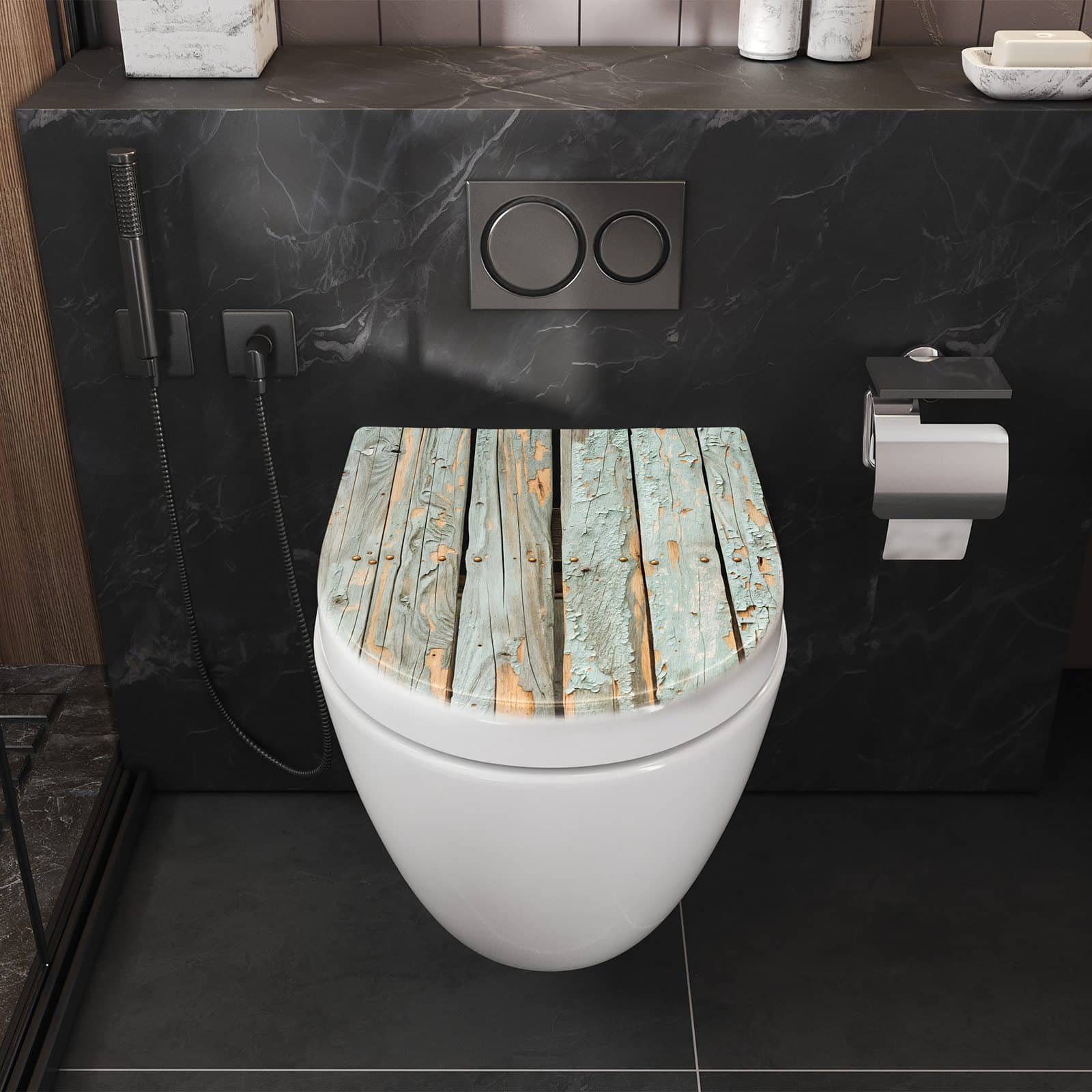 WC-Sitz mit Absenkautomatik Verwitterte Holzbretter