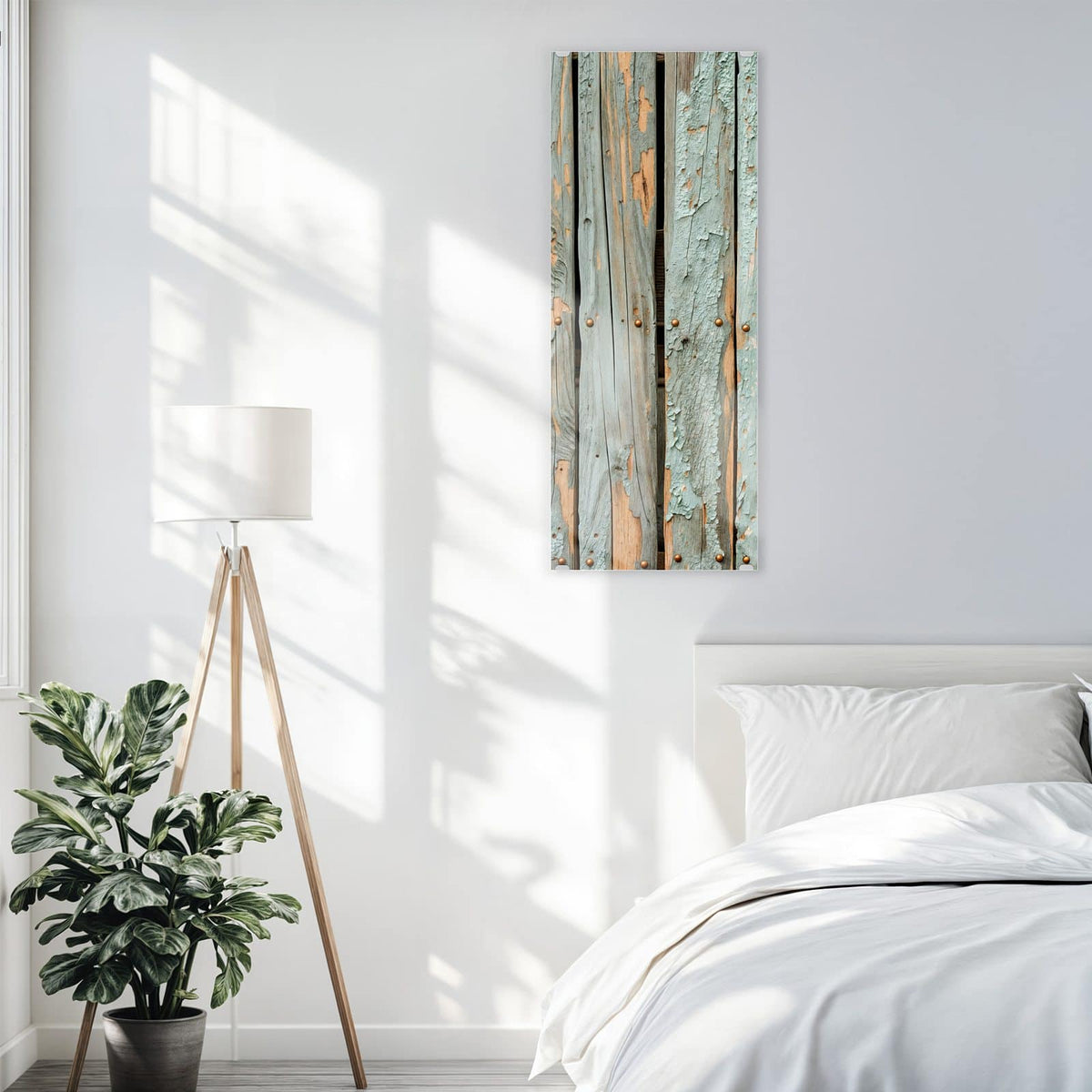 Glasbild Mintgrüne Holzlatten an der Wand – Senkrechte Latten mit abblätternder mintgrüner Farbe und rostigen Nagelköpfen