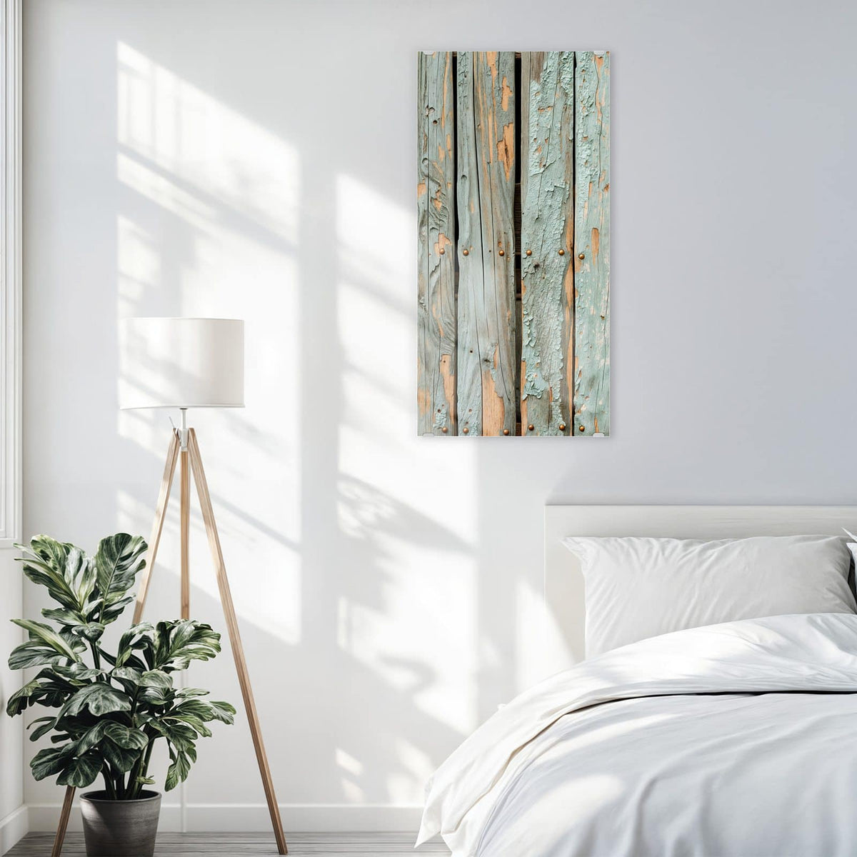 Glasbild Mintgrüne Holzlatten an der Wand – Senkrechte Latten mit abblätternder mintgrüner Farbe und rostigen Nagelköpfen