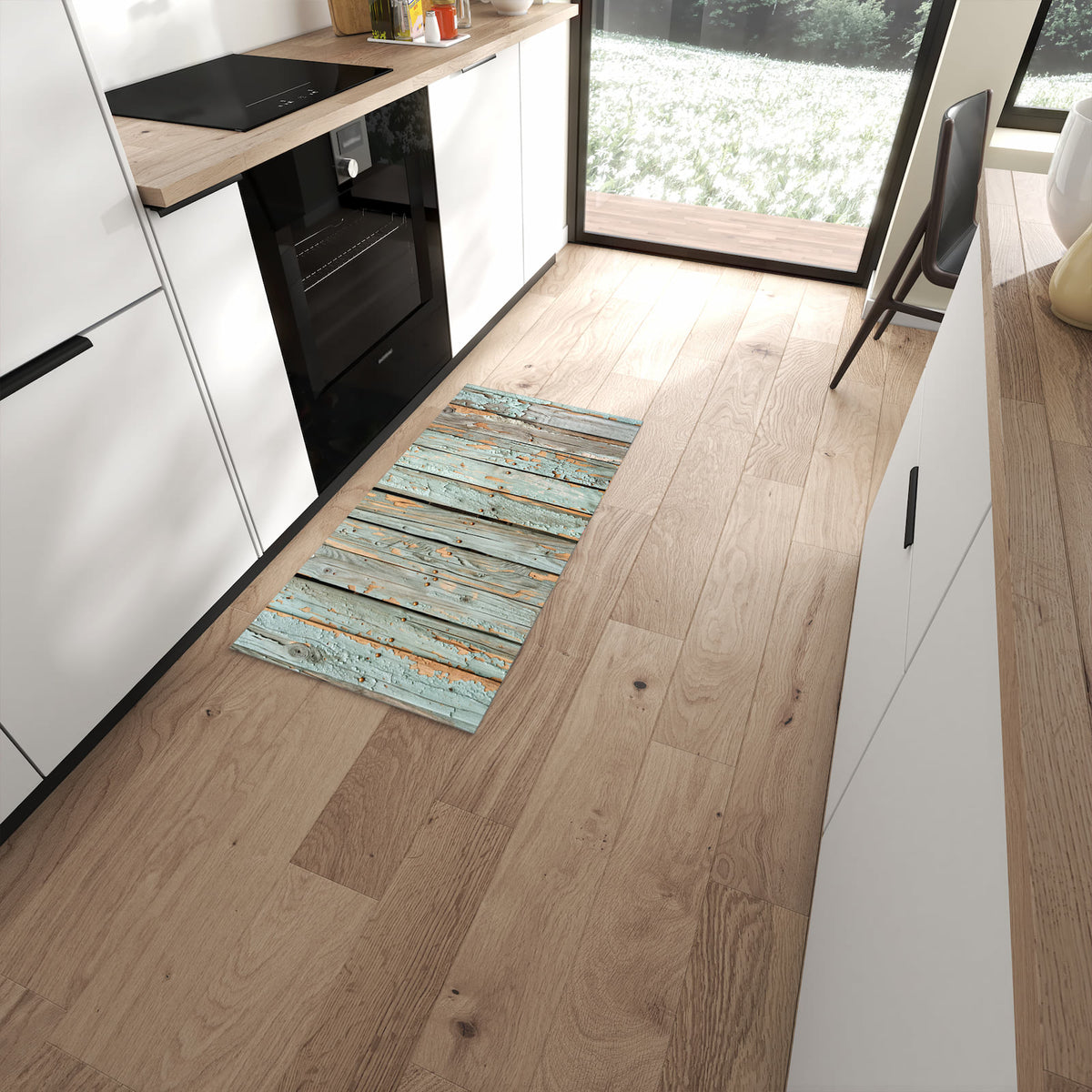 Waschbarer Teppich fürs Esszimmer mit Motiv Verwitterte Holzbretter in moderner Küche #grösse_60 x 120 cm