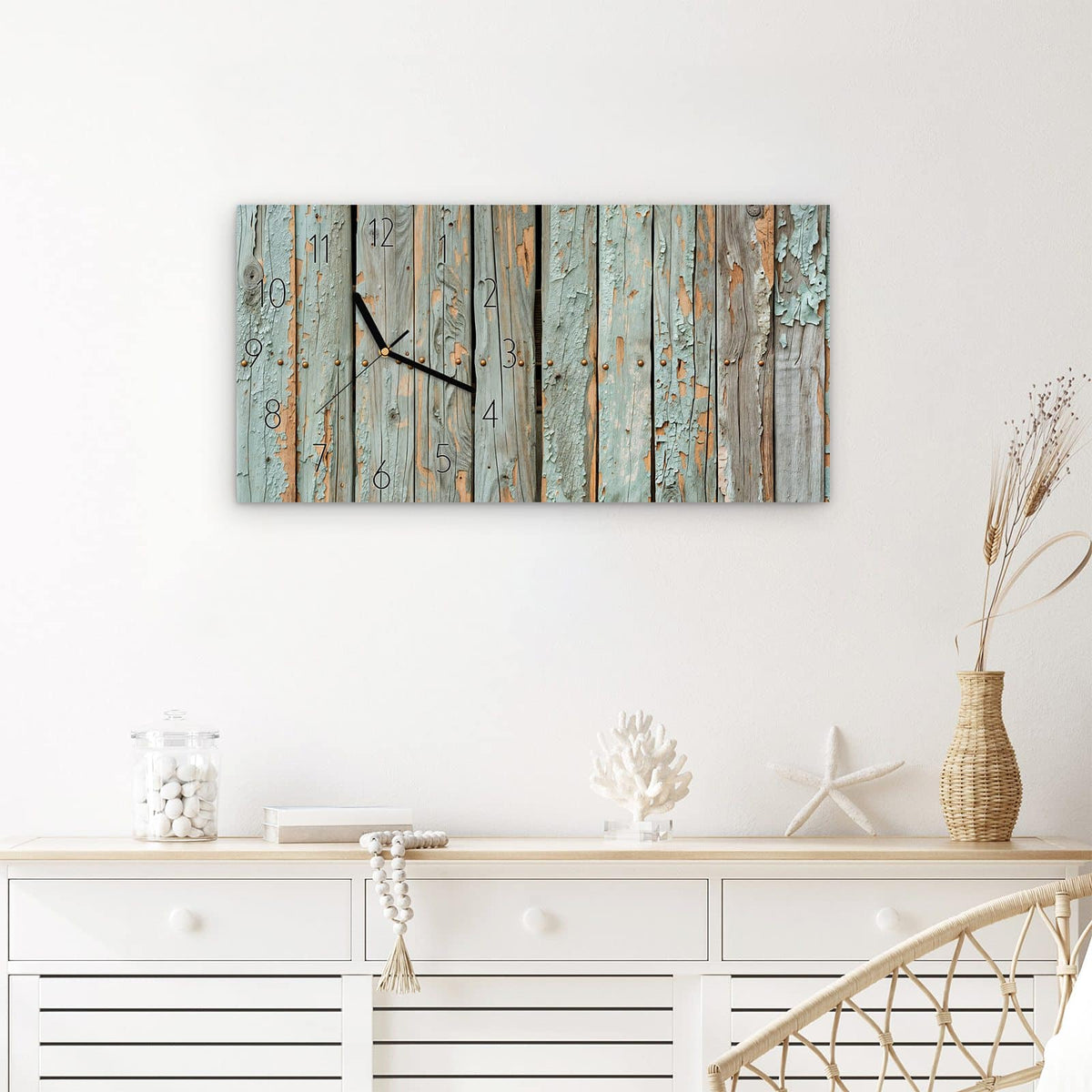 Wanduhr Verwitterte Holzbretter aus Glas – Querformat 60 × 30 cm – Ausgewaschenes Türkis auf altem Holz