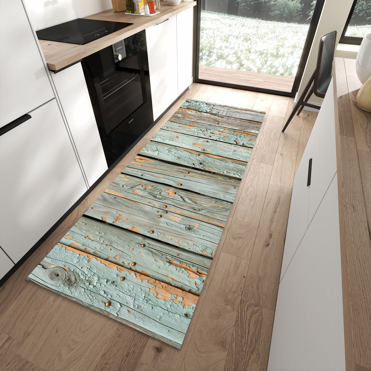 Komfortabler großer Küchenteppich mit Motiv Verwitterte Holzbretter in moderner Küche