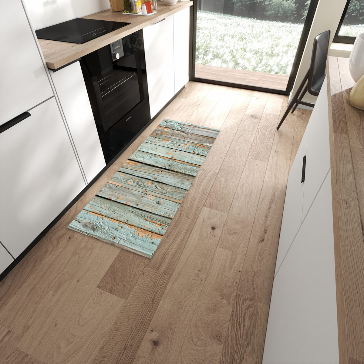 Geräuschdämpfender Teppich für Esstisch mit Motiv Verwitterte Holzbretter in moderner Küche #grösse_60 x 150 cm