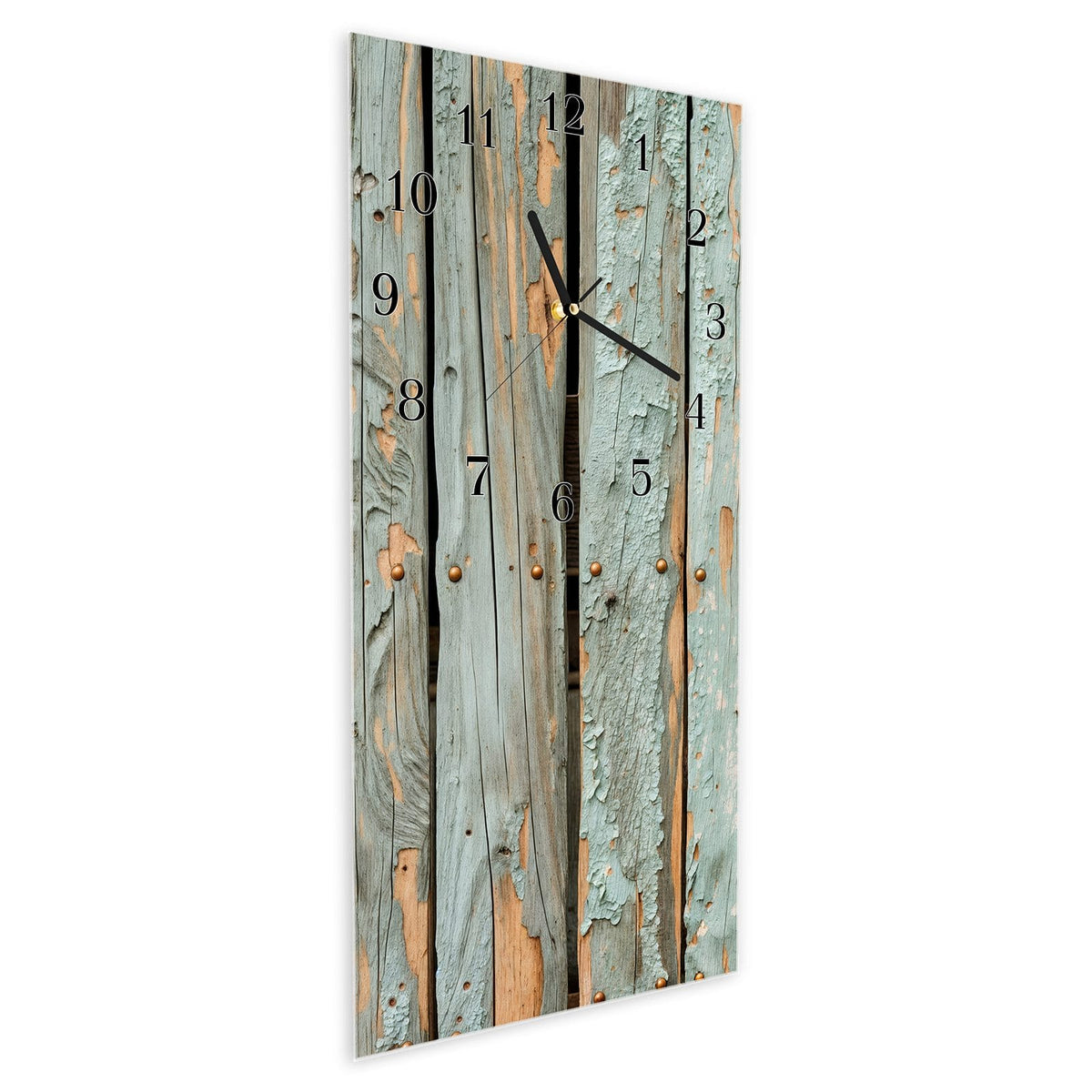 Vormontiert – mit Schwebeeffekt – Wanduhr Verwitterte Holzbretter aus Glas – Hochformat 30 × 60 cm