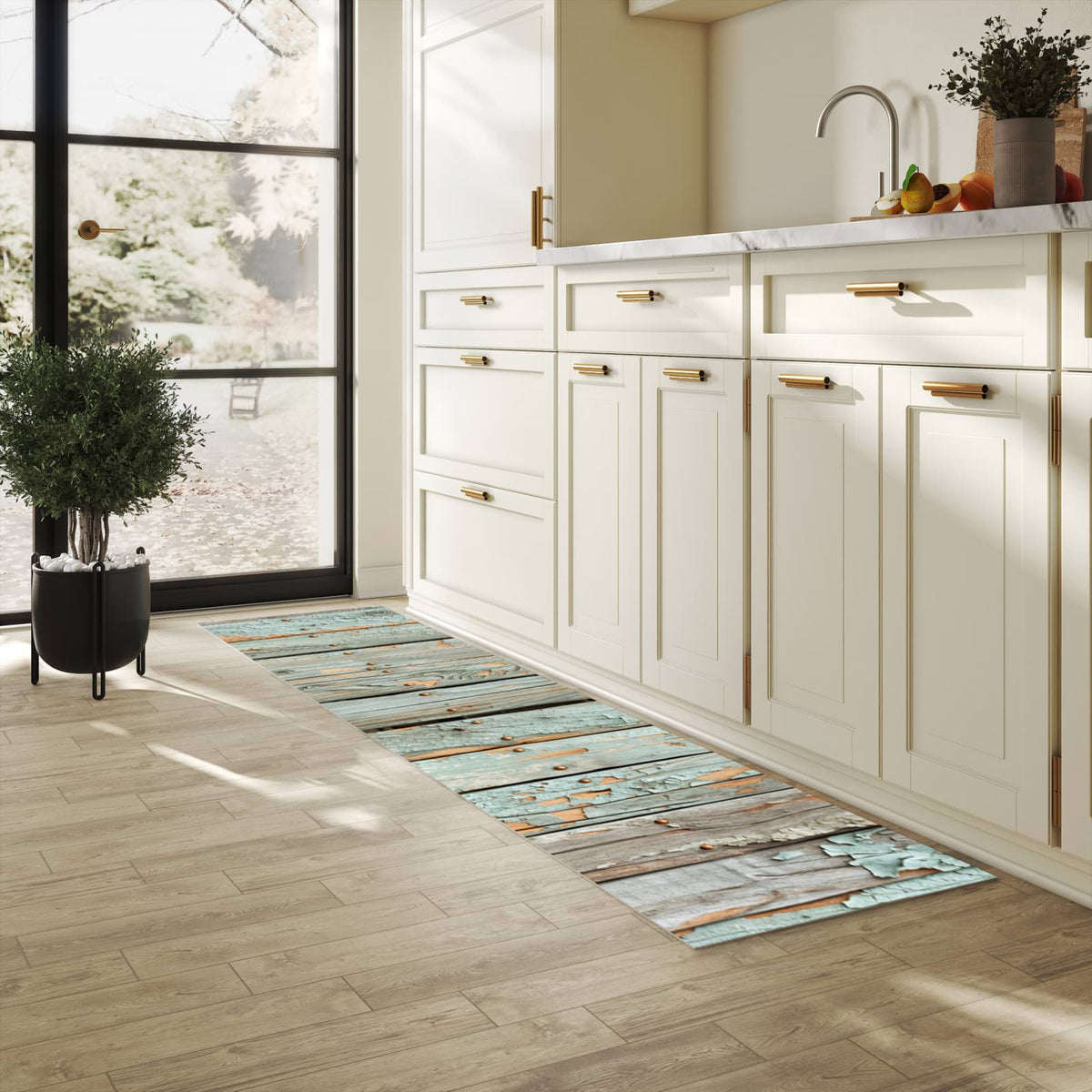Küchenteppich mit Motiv Verwitterte Holzbretter in heller Küche für sicheres Aufbewahren