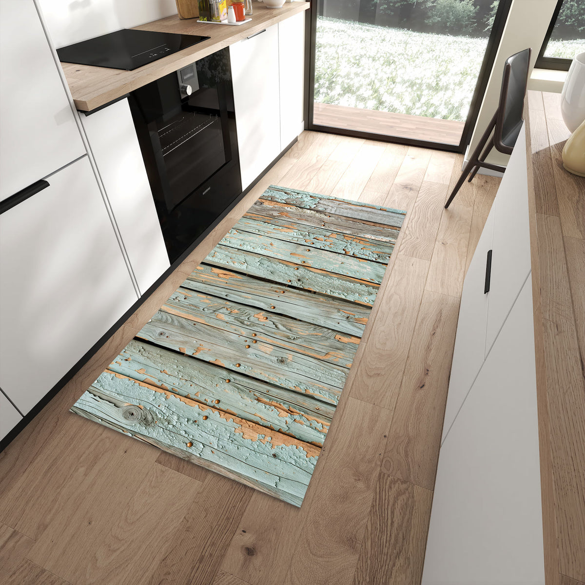 Pflegeleichter waschbarer Küchenteppich mit Motiv Verwitterte Holzbretter in moderner Küche